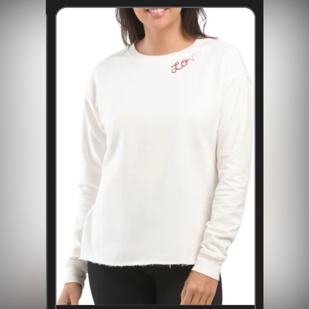Balance Collection Cream Long Sleeve Tee with Embroidered Detail